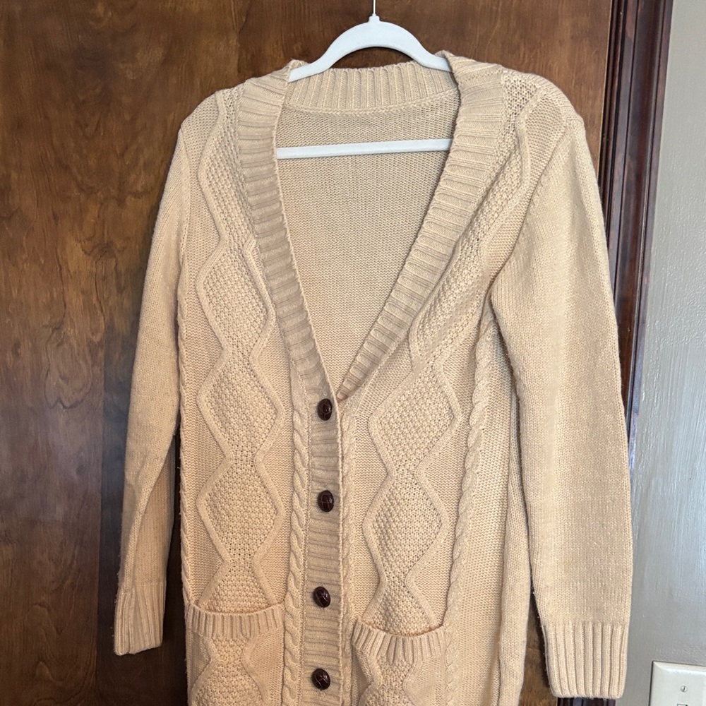 Classic Cable Knit Long Cardigan Sweater - Beige